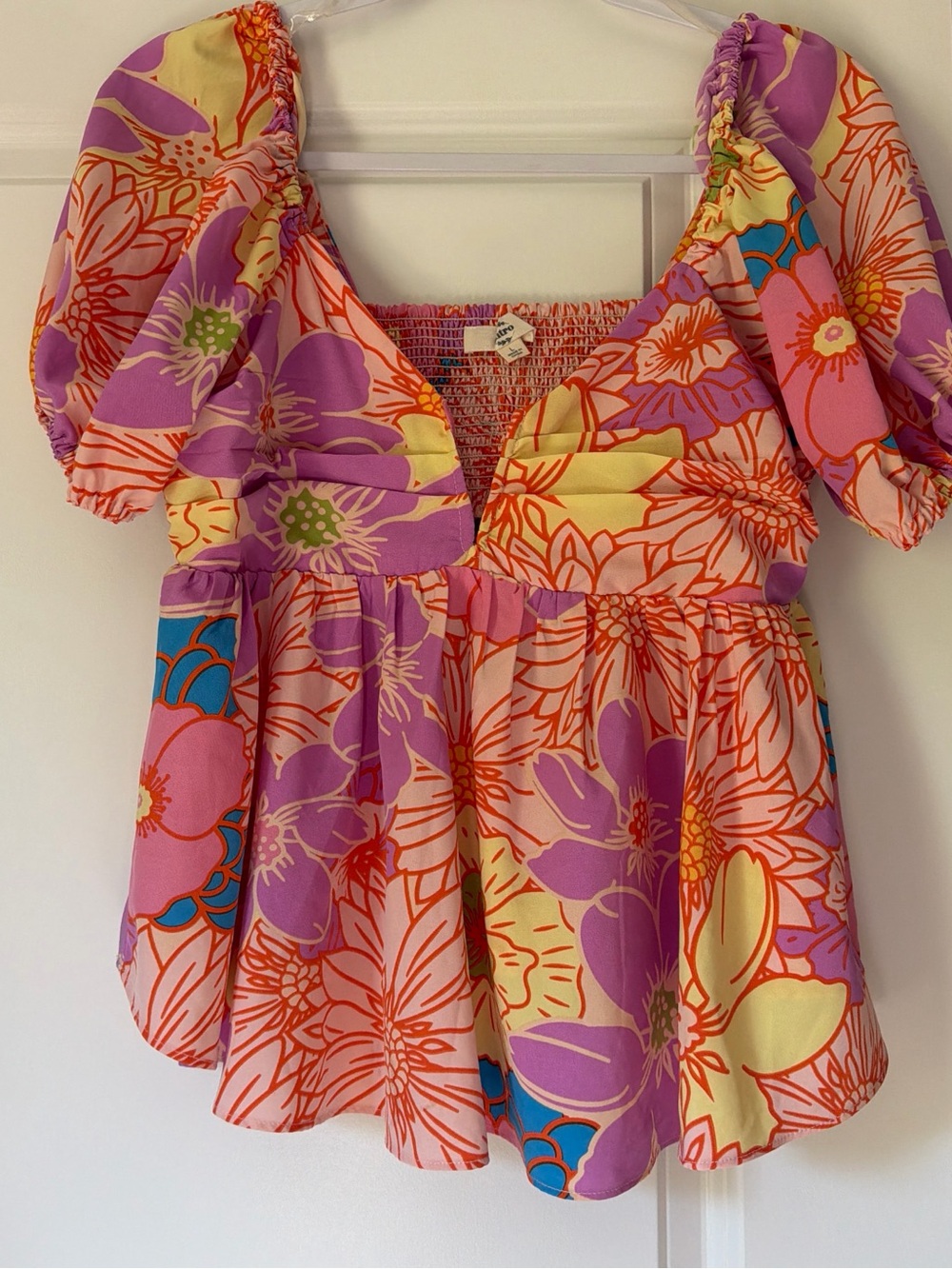 Floral Puff Sleeve Peplum Top in Purple, Yellow & Coral